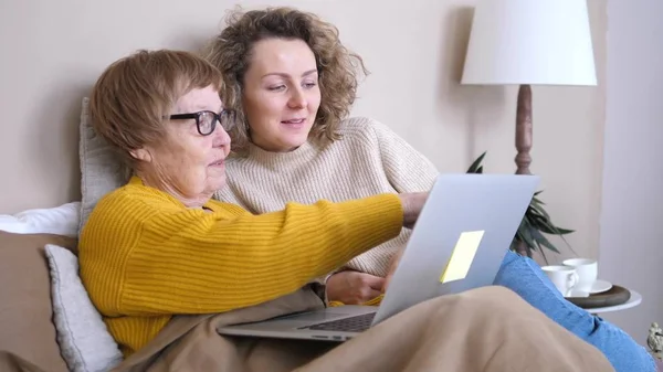 युवा महिला और बुजुर्ग महिला लैपटॉप कंप्यूटर का उपयोग — स्टॉक फ़ोटो, इमेज