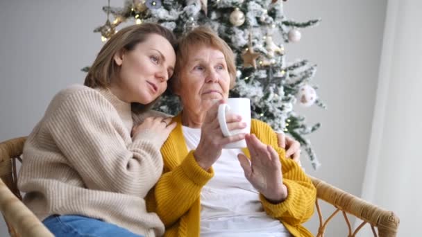 Mormor och barnbarn firar jul tillsammans hemma — Stockvideo