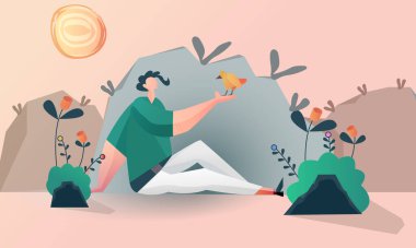 Açık havada yalnızlıktan hoşlanan bir adamın tasviri. Doğa ile sakinleş. Zihinsel meditasyon ve rahatlama. İnanılmaz modern düz karalama vektörü. arkaplan.