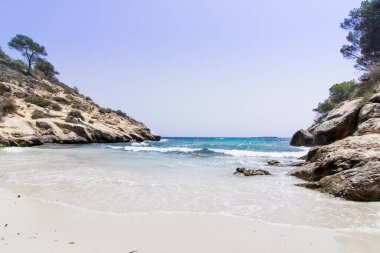 Deniz ve mavi gökyüzü olan ıssız bir sahil.