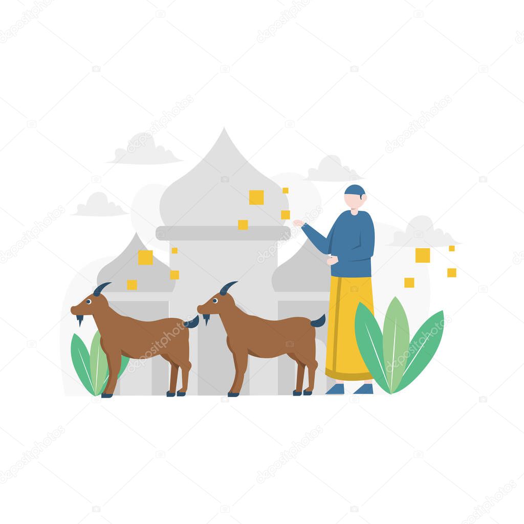 Eid al-Adha Qurban celebration, celebrated all Muslims by slaughtering livestock vector illustration, suitable for landing page, ui, website, mobile app, editorial, poster, flyer, article, and banner