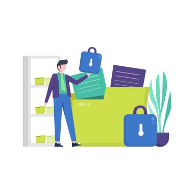 İnsanlar, iniş sayfası, ui, web sitesi, mobil uygulama, başyazı, poster, el ilanı, makale ve afiş için uygun olarak, bilgisayar ve web siteleri vektör ilüstrasyonunda önemli veri ve dosya güvenlik hizmetlerinden hoşlanırlar