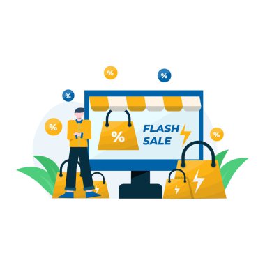 flaş satış tanıtımları, indirimler ve satın alma ikramiyeleri vektör illüstrasyonu, iniş sayfası, ui, web sitesi, mobil uygulama, editör, poster, makale ve afiş için uygundur