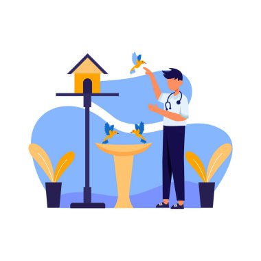 Veterinerler hayvan sağlığı, köpek, kedi yavrusu ve kuş vektör ilüstrasyonunu kontrol ediyorlar, iniş sayfası, ui, web sitesi, mobil uygulama, editör, poster, el ilanı, makale ve afiş için uygun