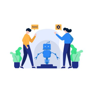 Geliştirici Android uygulamaları vektör illüstrasyonunu, iniş sayfası, ui, web sitesi, mobil uygulama, editör, poster, el ilanı, makale ve pankart için uygun olarak sıfırlar, tartışır ve yapar