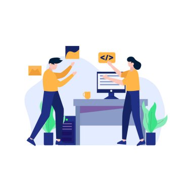 Geliştirici Android uygulamaları vektör illüstrasyonunu, iniş sayfası, ui, web sitesi, mobil uygulama, editör, poster, el ilanı, makale ve pankart için uygun olarak sıfırlar, tartışır ve yapar