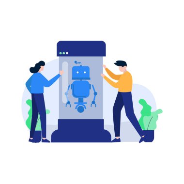 Geliştirici Android uygulamaları vektör illüstrasyonunu, iniş sayfası, ui, web sitesi, mobil uygulama, editör, poster, el ilanı, makale ve pankart için uygun olarak sıfırlar, tartışır ve yapar