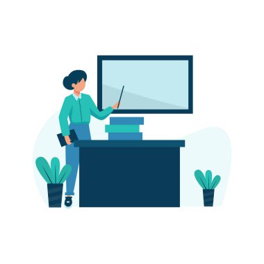 Özel öğretmenler öğrencilerin önünde malzeme açıklayan ve vektör illüstrasyonunu tartışan, iniş sayfası, ui, web sitesi, mobil uygulama, editör, poster, makale ve afiş için uygun özel öğretmenler