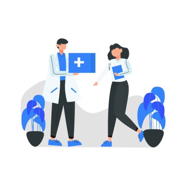 Diş hekimi hasta vektör illüstrasyonunun diş sağlığını tartışıyor ve kontrol ediyor; iniş sayfası için uygun; ui; web sitesi; mobil uygulama; editoryal; poster; broşür; makale; ve başlık