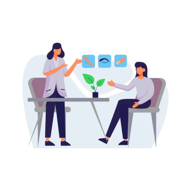 Bir hasta, vücut bakımı vektör çizimi için bir doktora danıştı. İniş sayfası, ui, web sitesi, mobil uygulama, editör, poster, makale ve afiş için uygundu.