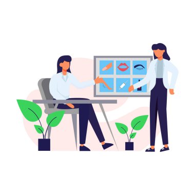 Bir hasta, vücut bakımı vektör çizimi için bir doktora danıştı. İniş sayfası, ui, web sitesi, mobil uygulama, editör, poster, makale ve afiş için uygundu.