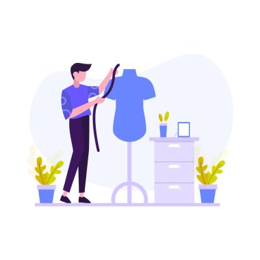 Terzi, bir müşterinin kıyafet siparişi vektör illüstrasyonunu yapar. İniş sayfası, ui, web sitesi, mobil uygulama, editör, poster, makale ve afiş için uygundur.