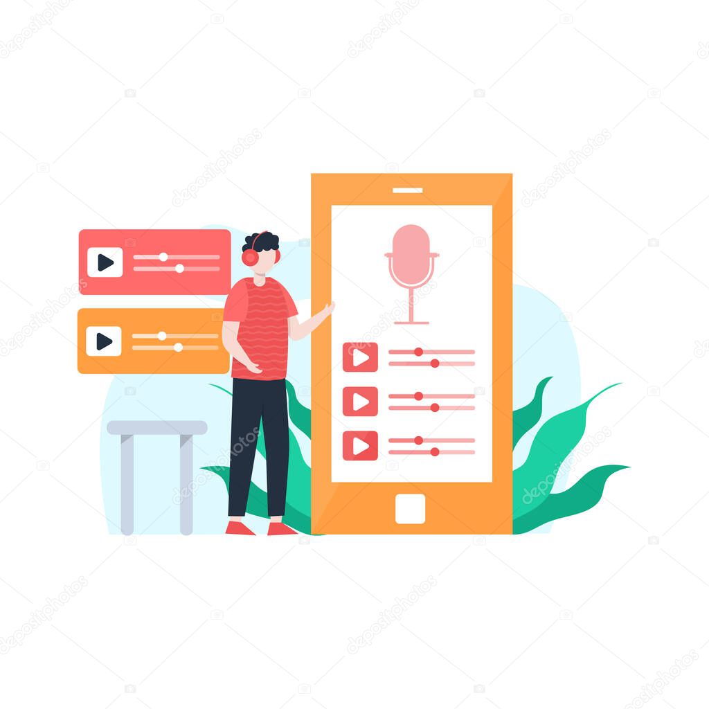 people are recording dialogue podcasts and being listened to by listeners vector illustration, suitable for landing page, ui, website, mobile app, editorial, poster, flyer, article, and banner