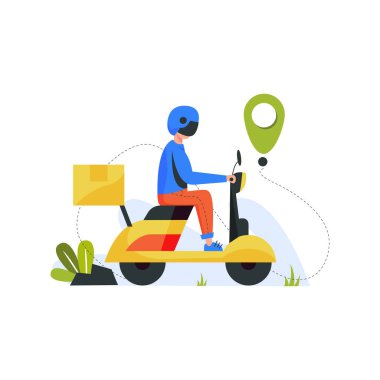 Kuryeler motosiklet sürerler ve ürünleri iniş sayfası, ui, web sitesi, mobil uygulama, yazı, poster, makale ve afiş için uygun olan müşteri vektör ilüstrasyonuna teslim ederler.