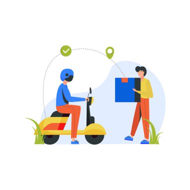 Kuryeler motosiklet sürerler ve ürünleri iniş sayfası, ui, web sitesi, mobil uygulama, yazı, poster, makale ve afiş için uygun olan müşteri vektör ilüstrasyonuna teslim ederler.