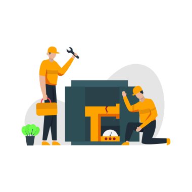 Teknisyenler, iniş sayfası, ui, web sitesi, mobil uygulama, editör, poster, makale ve afiş için uygun ürün ve makine vektör ilüstrasyonundaki hasarı onarırlar