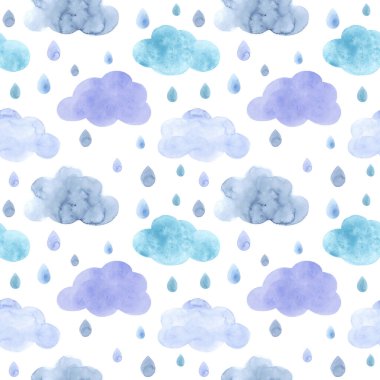 Suluboya Yağmuru, Yağmur Şablonu, Suluboya Gökyüzü, Damlalar ve Bulutlar, Suluboya Bulutları, Kusursuz Desen, Pastel Renkleri, Doğa Yağmuru Şablonu, Bebek Tasarımı, Boho Yağmuru, Boho Stile