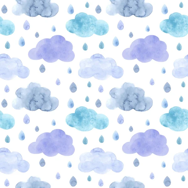 水彩雨 雨パターン 水彩空 滴と雲 水彩雲 シームレスパターン パステルカラーパターン 自然雨パターン 保育園の装飾 赤ちゃんのデザイン — ストック写真