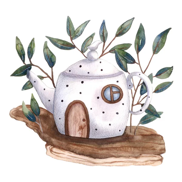 Handgezeichnete Aquarellzeichnung Teekanne Auf Weißem Hintergrund Aquarell Feenhaus — Stockfoto