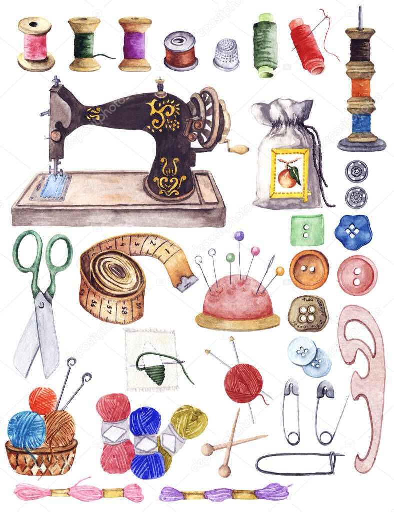 Watercolor vintage sewing kit clip art. Knitting, Embroidery, Sewing. Sewing machine, Needle, Stitching, Threads, Buttons Clipart. Hobby Set