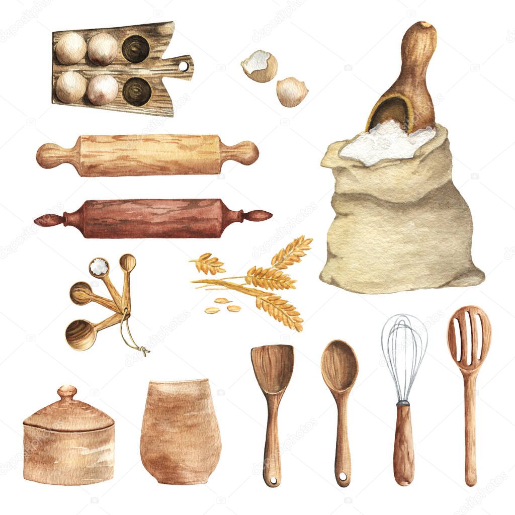 Watercolor Kitchen Utensils Clipart. Kitchen wood tools, food, herbs and spices. Cooking culinary clip art. Hand Painted Menu. Baking.
