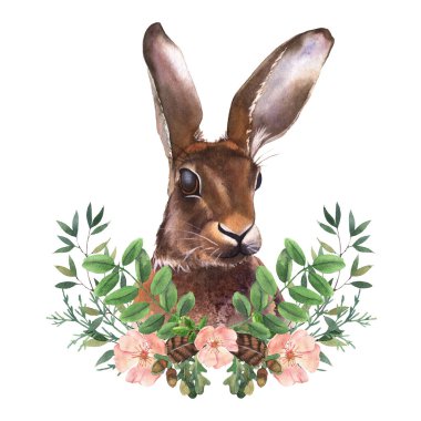 Çiçekli, dallı, yeşil yapraklı suluboya Vahşi Tavşan ve Buket. Orman çocuk yuvası çizimi. Çocuk odası posteri için bohem çizimleri, desenler. Davetiyeler ve tebrik kartları için mükemmel..