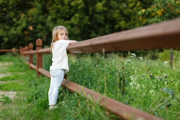 Όμορφο Μικρό Ξανθό Κορίτσι Καλοκαίρι Στο Φράχτη Πορτρέτο Του Χαριτωμένο — Φωτογραφία Αρχείου