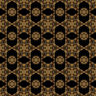 Siyah arka planda parlak ve zarif bir şablon. Gerçekçi, soyut, altın, kusursuz desen. Çerçeve, kurdele, bayrak ve daireler için metal elementler. Altın gradyan pürüzsüz doku.