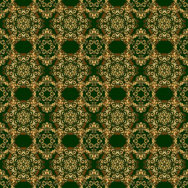 Vektör çizimi. Basit, pürüzsüz bir desen. Yeşil arka planda altın yıldızlar. Klasik süs.