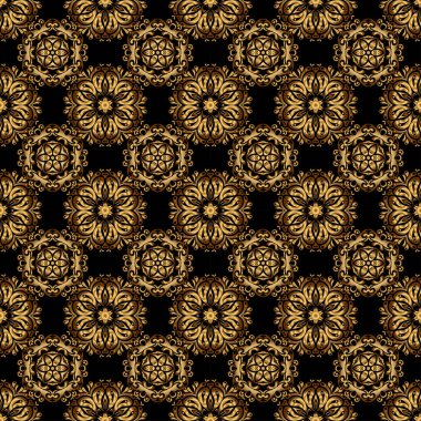 Siyah bir arkaplanda altın rengi, kusursuz bir illüstrasyon. Senin tasarımın için, duvar kağıdı. Geometrik arkaplan. Altın eğimli vektör geometrik kusursuz desen.