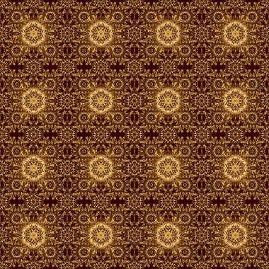 Kusursuz vektör altın süsü. Kahverengi arka planda altın tekrarlayan elementlerle modern geometrik kusursuz desen.