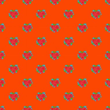 Stock vektör illüstrasyonu. Soyut gül çiçeklerinin kusursuz deseni ve mavi, turuncu ve pembe renkli yeşil yapraklar. Klasik stil.