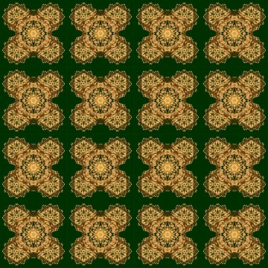 Parlayan Altın Yıldız. Yeşil arka planda soyut Mandala. Vektör illüstrasyonu.