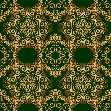 Vektör çizimi. Basit, pürüzsüz bir desen. Yeşil arka planda altın yıldızlar. Klasik süs.