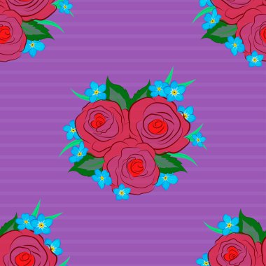 Dekorasyon ya da tasarım için mükemmel bir vektör kusursuz desen. Eski tarz gül çiçekleri olan zarif bir desen. Sevimli gül çiçekleri ve mavi, mor ve kırmızı yapraklı moda baskı.