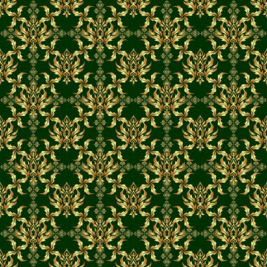 Damask, yeşil ve altın renkli kusursuz desen. Soyut çiçekli kraliyet duvar kağıdı. Vektör stili süs.