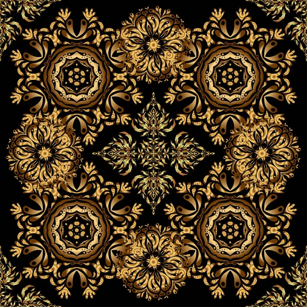 开放的编织精致 金色的背景 东方风格的阿拉伯风格的黑色背景 向量华丽的花边 风格化的花 Paisley 金黄色发卷的无缝图案 — 图库矢量图片