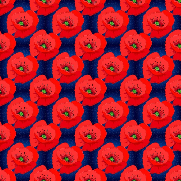 Naadloos Patroon Met Schattige Papaver Bloemen Zwarte Rode Blauwe Kleuren — Stockvector