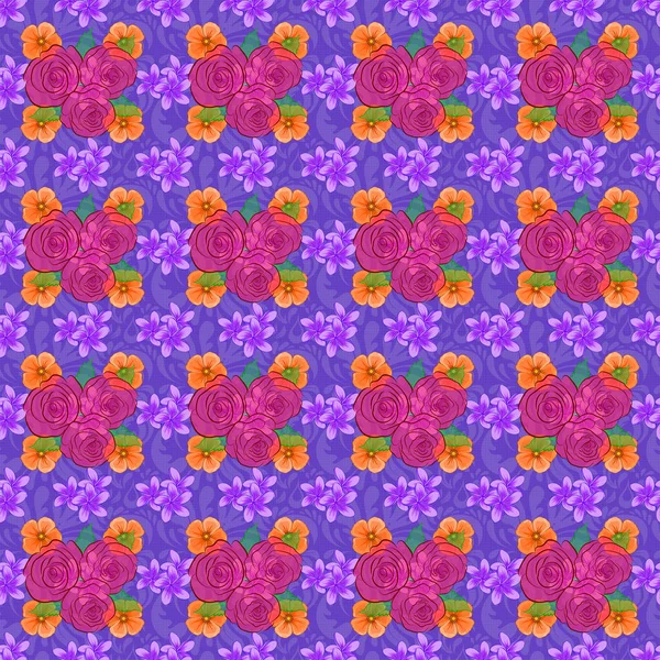 Floraler Hintergrund Nahtloses Vektormuster Auf Violettem Hintergrund Mit Niedlichen Rosenblüten — Stockvektor