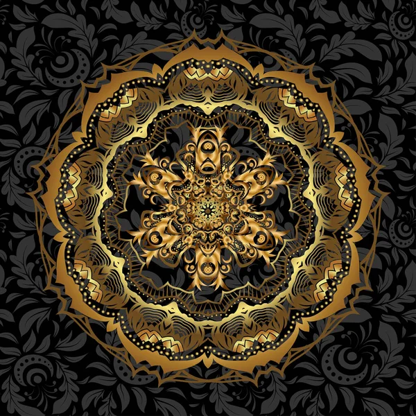 Hint çiçeği mandala. Doğulu gelişim vektörü. Yoga logosu, meditasyon posterinin arka planı. Stres önleyici mandala. Renkli dekoratif altın yuvarlak süs. Dokuma tasarımı mandala.