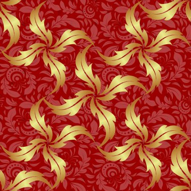 Tasarım için altın desen süsleyin. Davetiyeler için süs, doğum günü, tebrik kartları, web sayfaları. Doğu tarzında kusursuz bir dokuya sahip. Çiçeksel oryantal dekor. Kırmızı üzerine lüks duvar kağıdı.