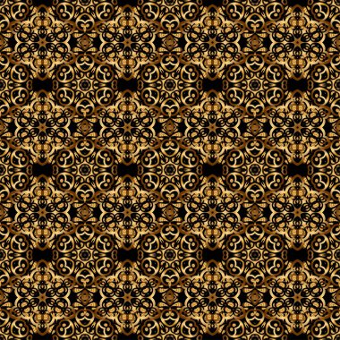 Siyah arkaplanda tekrarlayan elementlerle kusursuz soyut süs. Siyah ve altın desenli. Zarif klasik kusursuz desen.