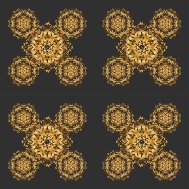 Restoran menüsü, el ilanı, tebrik kartı, broşür, kitap kapağı ve diğer dekorasyonlar için vektör islami şablonu. Gri arkaplanda altın renkli mandala ile süslenmiş kart.