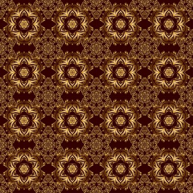 Kahverengi ve altın desenli. Zarif, klasik, kusursuz bir model. Kahverengi arkaplanda tekrarlayan elementlerle kusursuz soyut süs.