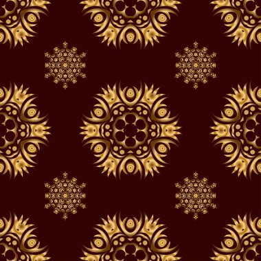 Vektör çizimi. Kahverengi arka planda barok tarzında, doğulu süslemeler. Geleneksel klasik altın ve kahverengi desen.