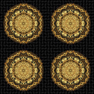 Stres önleyici mandala. Doğulu gösterişli raster. Süslü altın yuvarlak süs. Hint mandala 'sı. Yoga logosu, meditasyon posterinin arka planı. Karalanmış siyah bir arkaplanda dokuma tasarımı mandala.