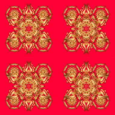 Kırmızı arka planda parıldayan yıldızlar olan kutsal geometri yuvarlak altın sembolü. Logo, oyun, kapak, kart için tasarım.