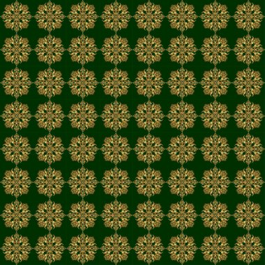 Yeşil ve altın rengi bir süs. Tekstil ya da kağıda yazdırmak için kusursuz desen.