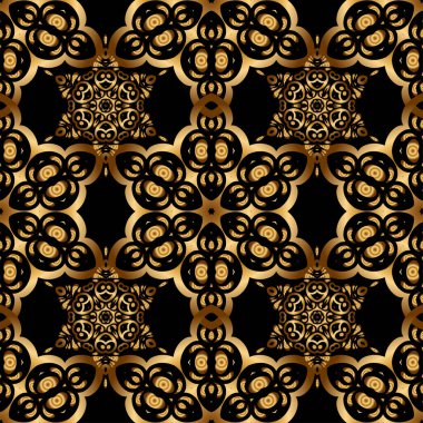 Siyah ve altın rengi bir süs. Tekstil ya da kağıda yazdırmak için kusursuz desen.