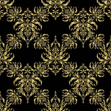 Siyah ve altın rengi bir süs. Tekstil ya da kağıda yazdırmak için kusursuz desen.